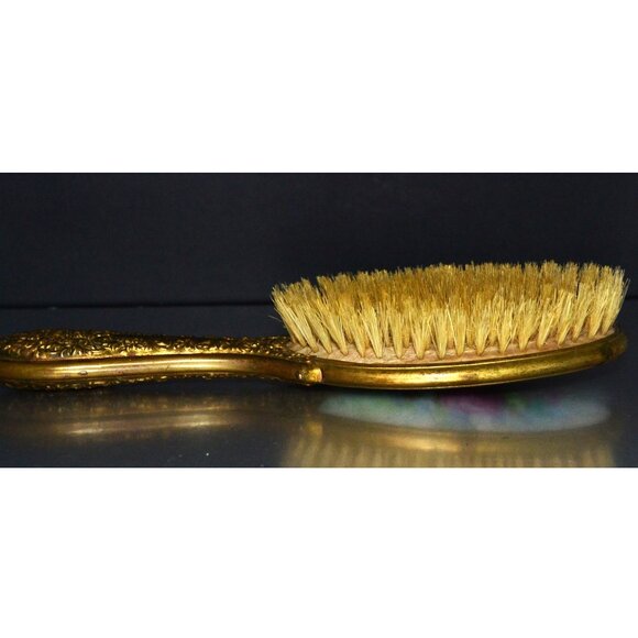 Vintage Hair Brush Gilt Handle Trim Floral Pattern Backing Regency MCM Decor - Picture 5 of 8